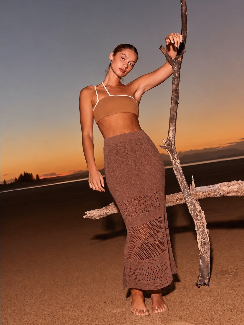 Free People Brown Crochet Knit Maxi Skirt